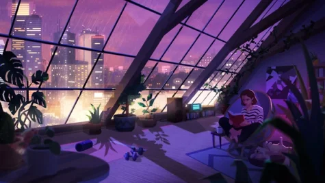 Woman reading in a cozy room with a city view.