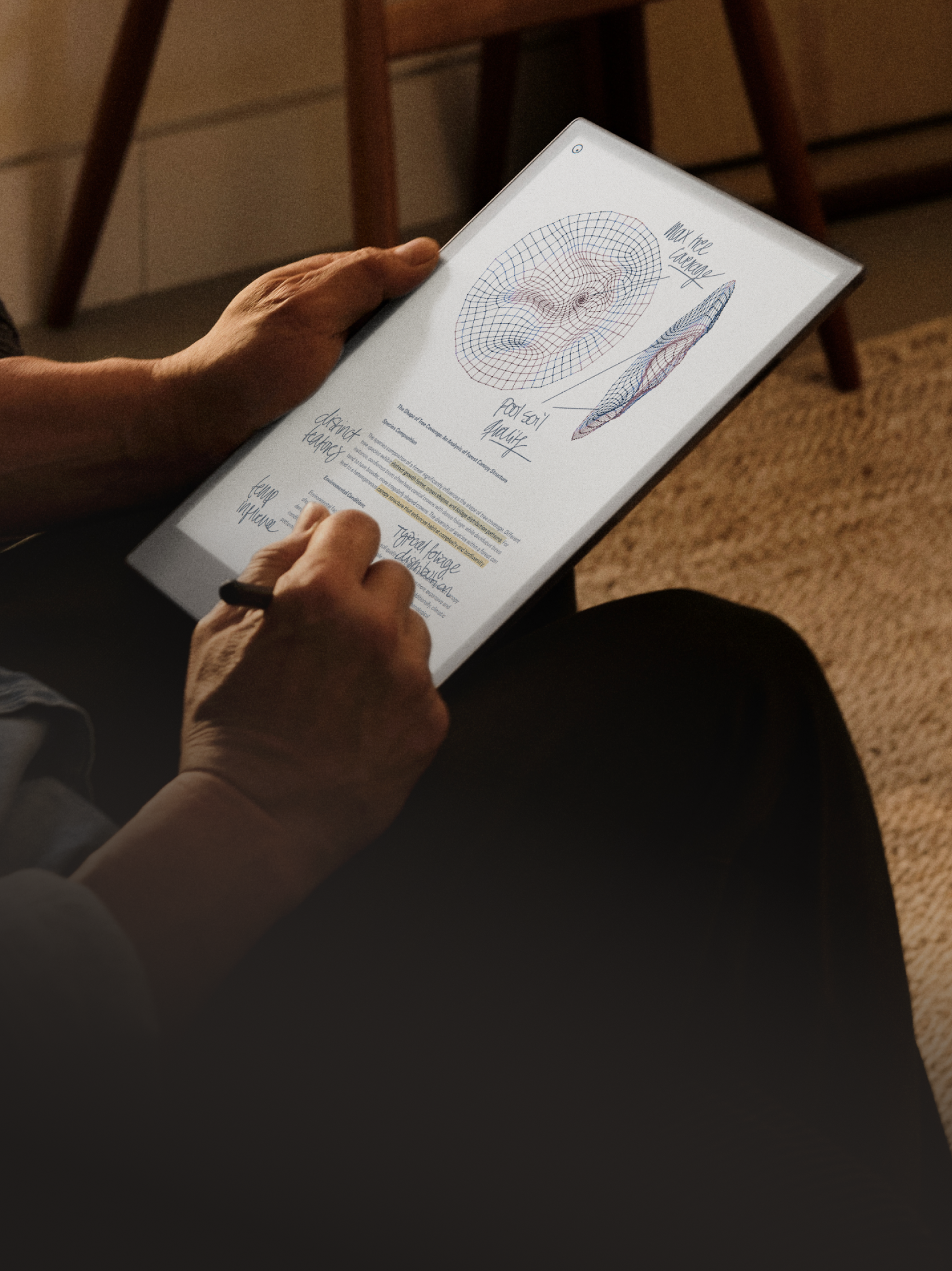 A person with a Remarkable paper tablet on their lap taking notes.