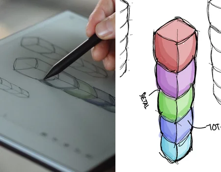 Jakob Lange sketching blocks on reMarkable paper tablet with colorful design.