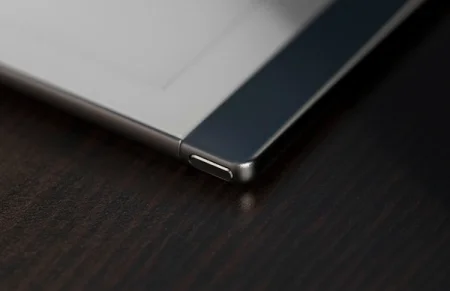 reMarkable paper tablet edge with power button.