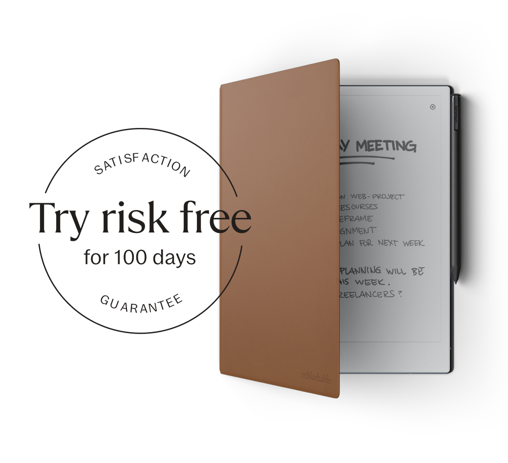 reMarkable paper tablet with a brown Book Folio.