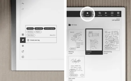 A reMarkable paper tablet displaying the "favorite" notes option.