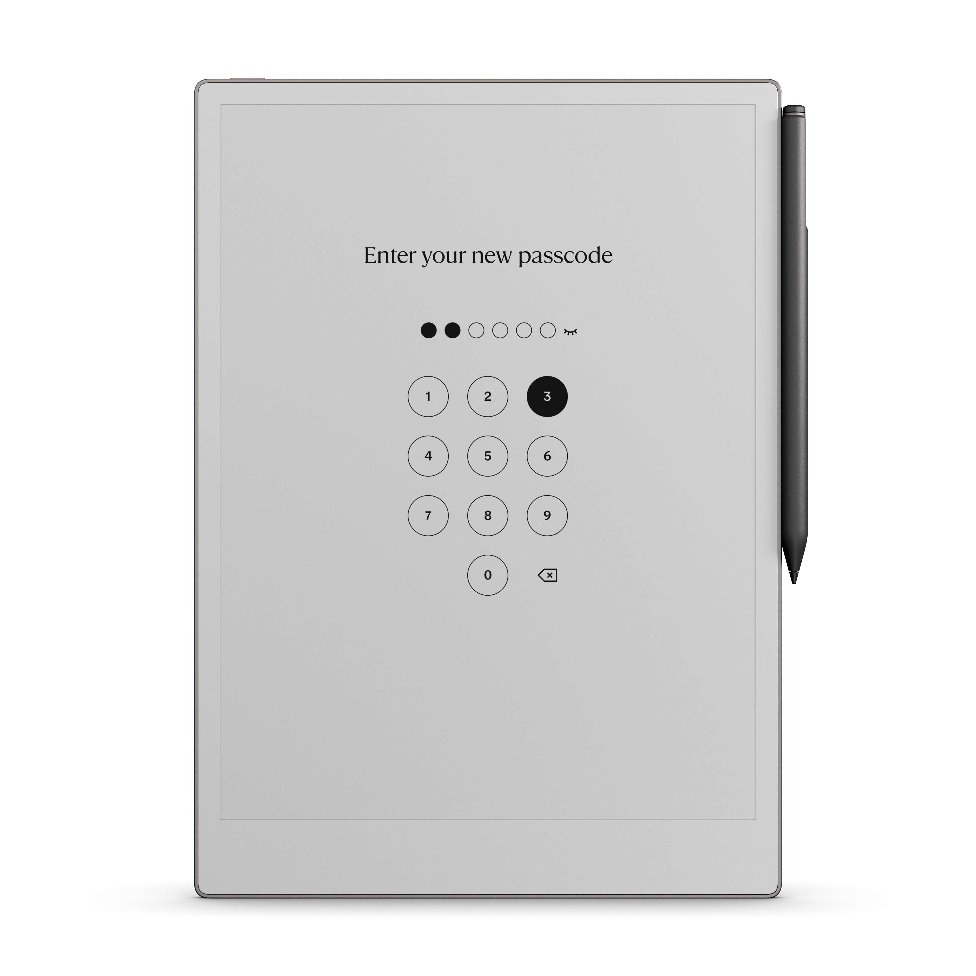 Close-up of the reMarkable Paper Pro's login screen displaying the passcode entry interface.
