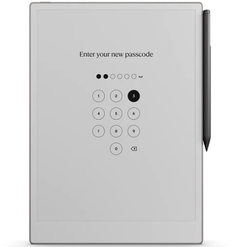 Close-up of the reMarkable Paper Pro's login screen displaying the passcode entry interface.