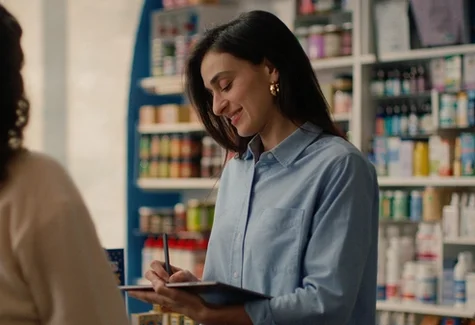 A woman taking notes on a reMarkable paper tablet with the Marker in a store.