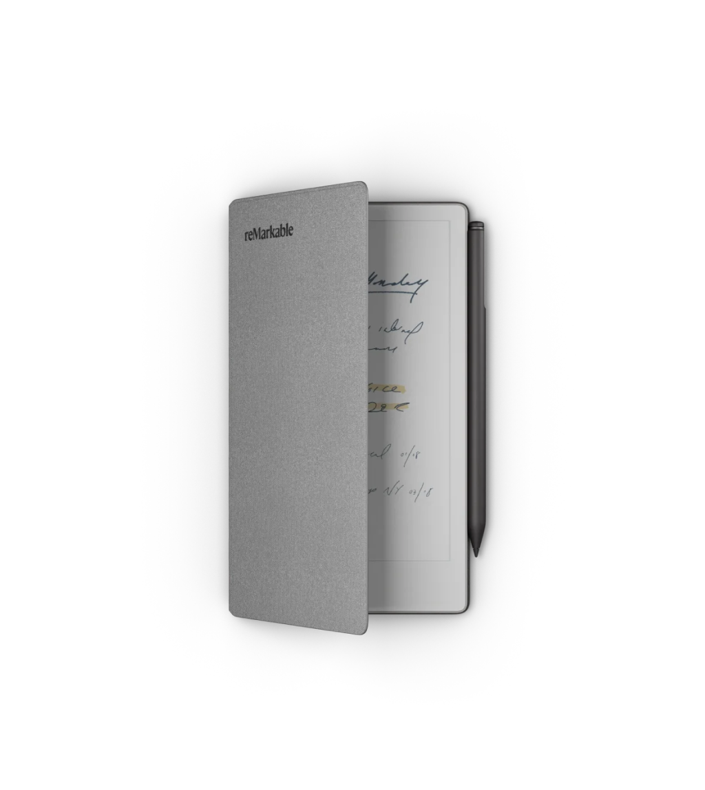A reMarkable paper tablet displays notes with a Marker resting on the device.