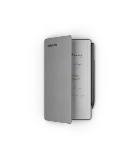 A reMarkable paper tablet displays notes with a Marker resting on the device.