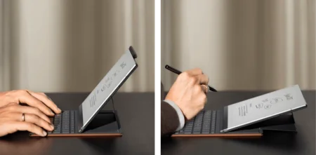A reMarkable paper tablet with the Type Folio, being used for typing and note-taking.