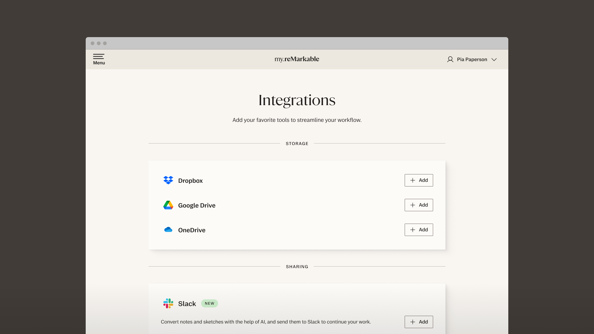 Integrations page for my reMarkable account, featuring Dropbox, Google Drive, OneDrive, and Slack.
