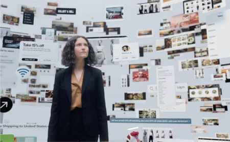 A woman stands amid floating websites UI, overloaded with information.