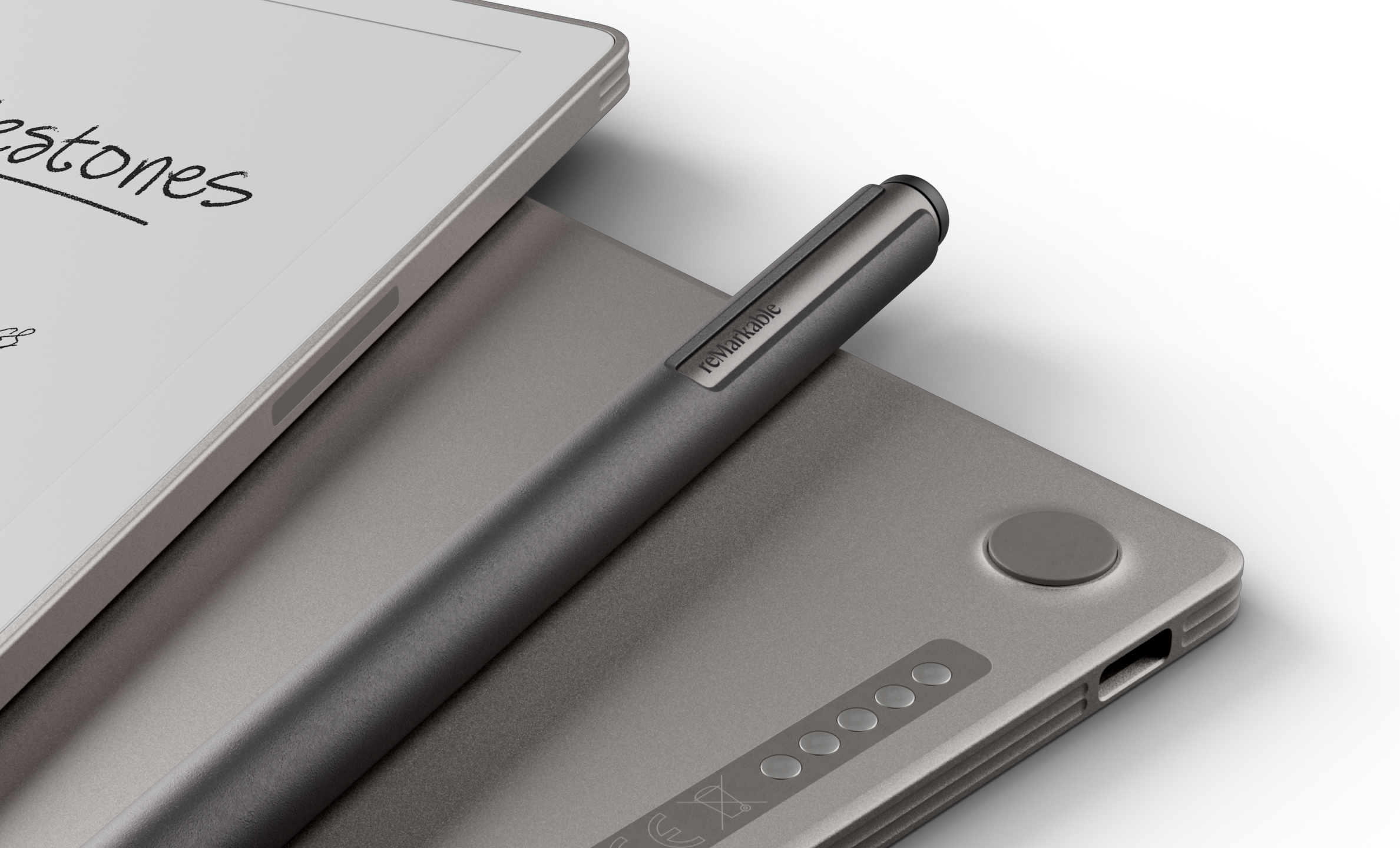 reMarkable Paper Pro with Marker Plus and the backside of the reMarkable Paper Pro visible