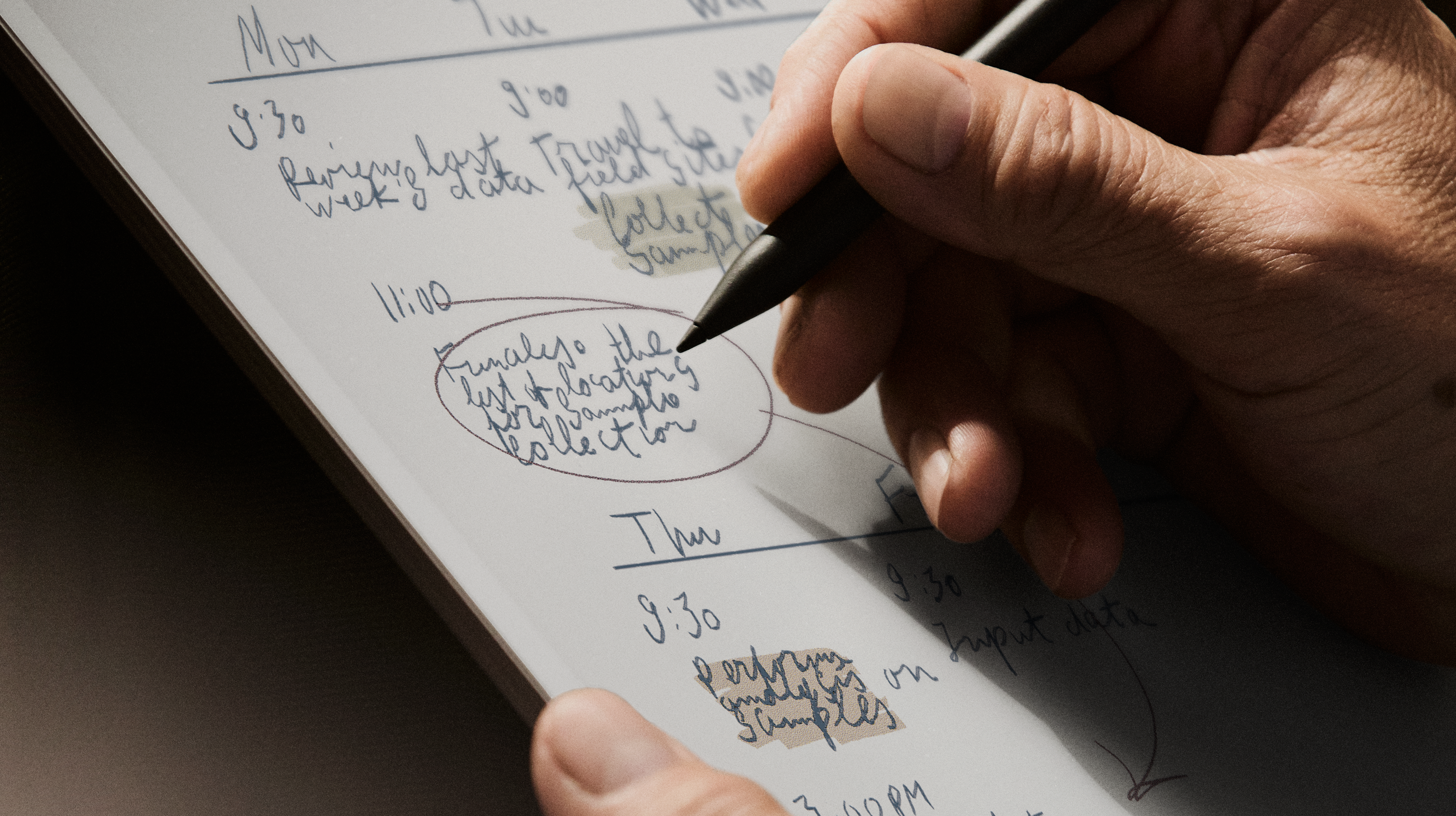 A reMarkable paper tablet showing notes being written with the Marker.