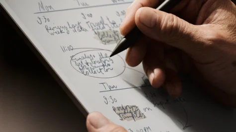 A reMarkable paper tablet showing notes being written with the Marker.