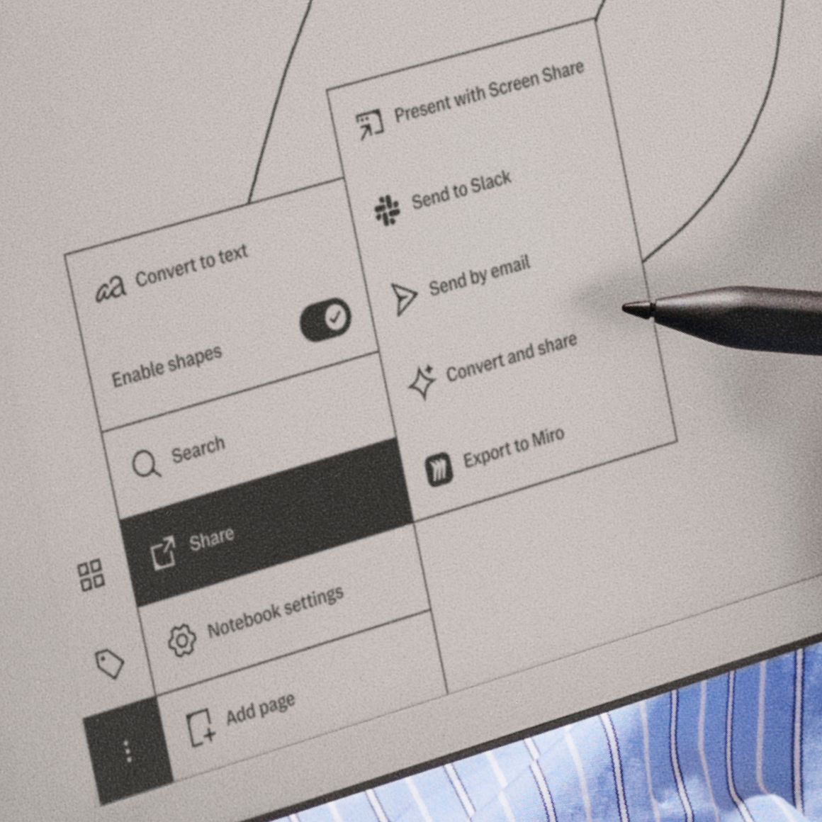Close-up of reMarkable Paper Pure's sharing options