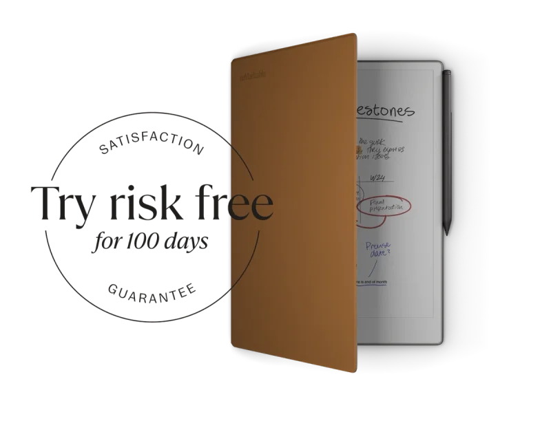 reMarkable paper tablet with a brown Book Folio.
