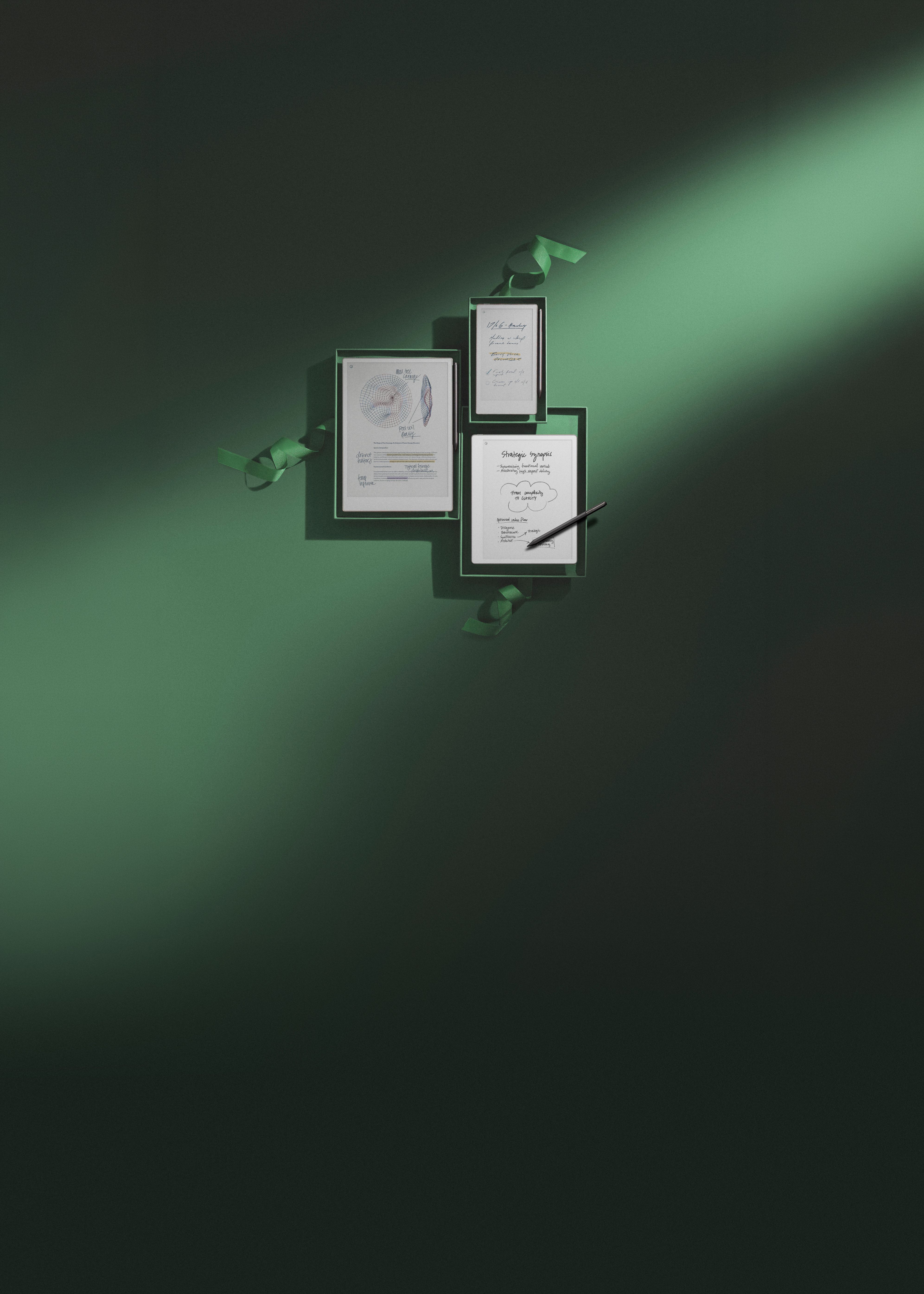 reMarkable Paper Pro, reMarkable Paper Pro Move and reMarkable Paper Pure all gift wrapped in dark green paper.