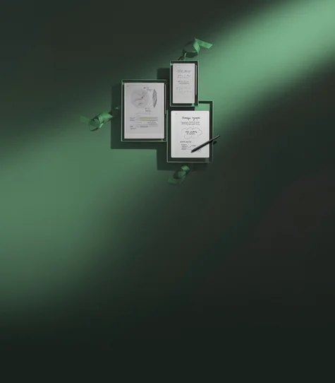 reMarkable Paper Pro, reMarkable Paper Pro Move and reMarkable Paper Pure all gift wrapped in dark green paper.