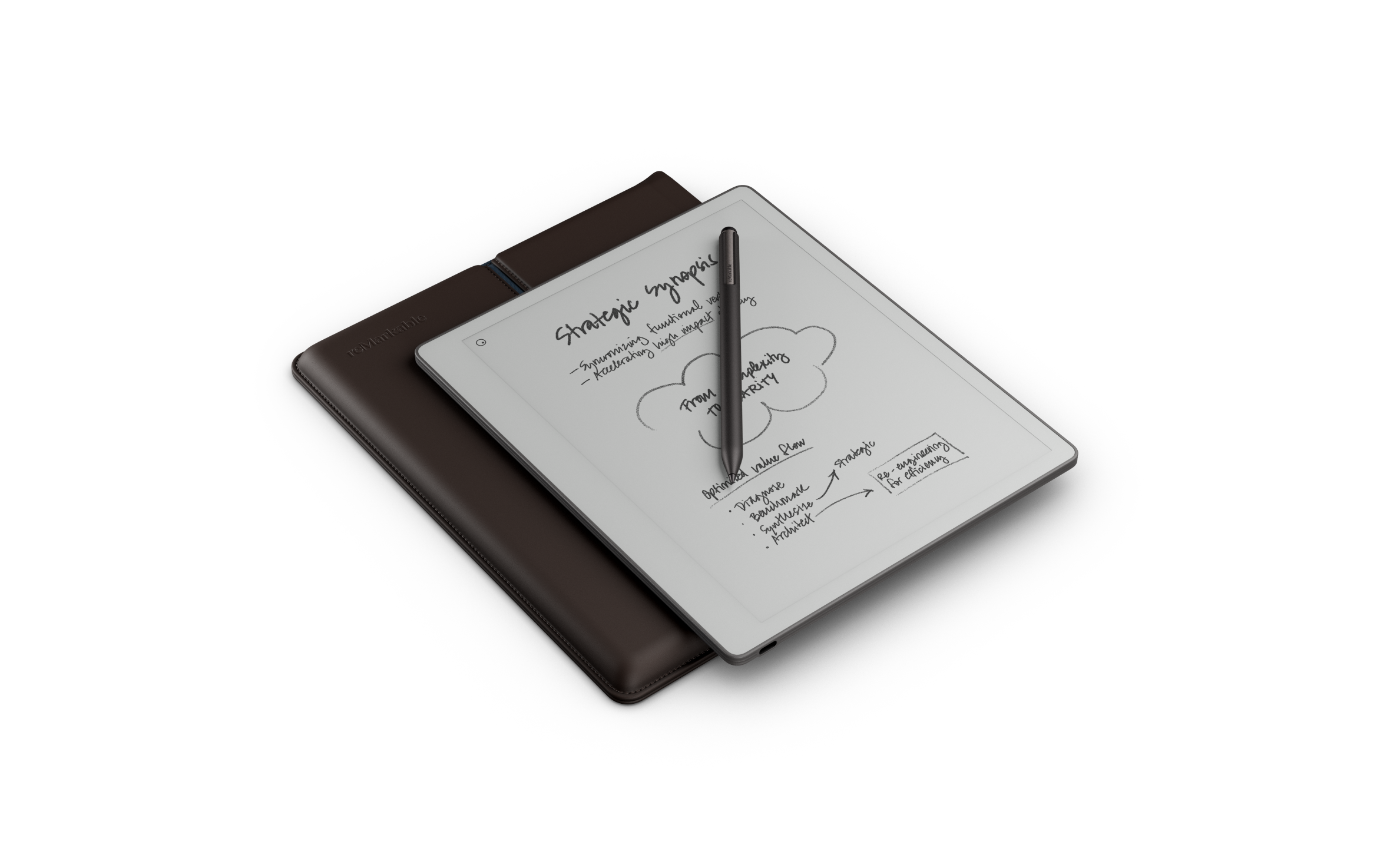 Image of the reMarkable Paper Pure with Marker Plus and Premium Leather Forest Brown Sleeve Folio
