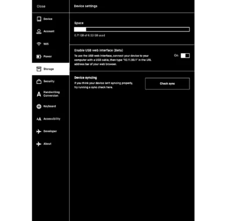 reMarkable device settings: device syncing, storage, and USB web interface.