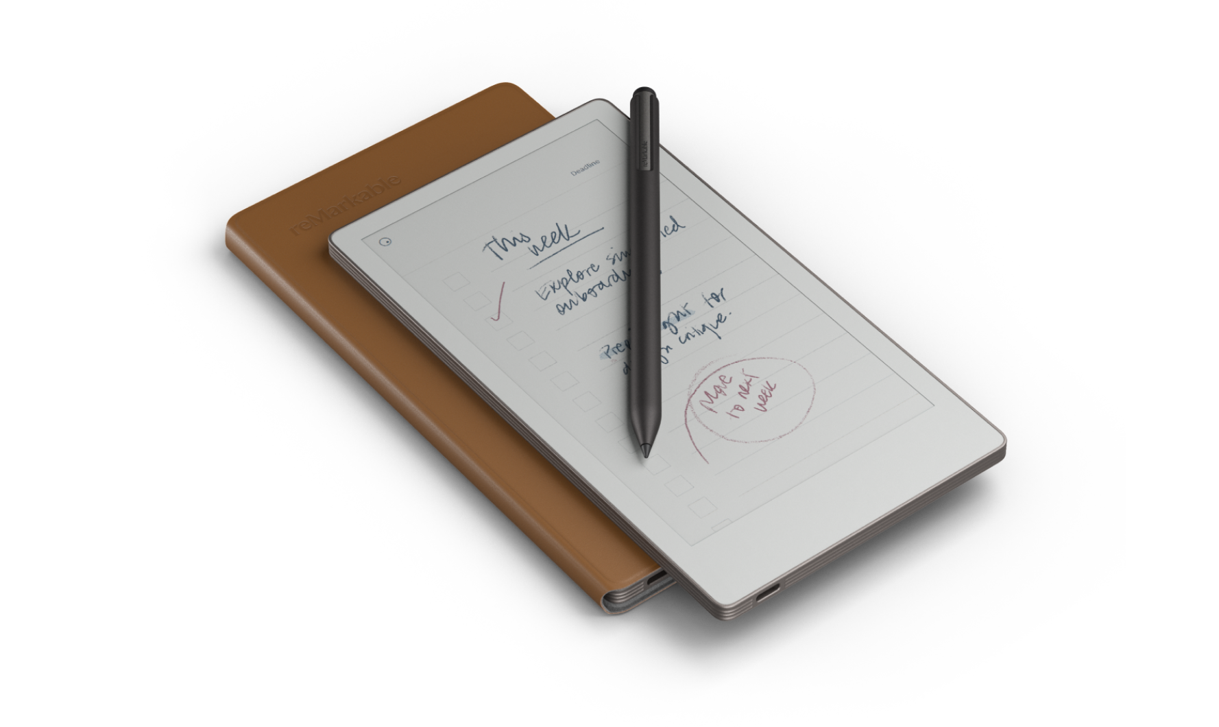 Product view of a reMarkable Paper Pro Move tablet showing handwritten notes on screen, with a black Marker Plus attached to the side and a brown leather folio cover.