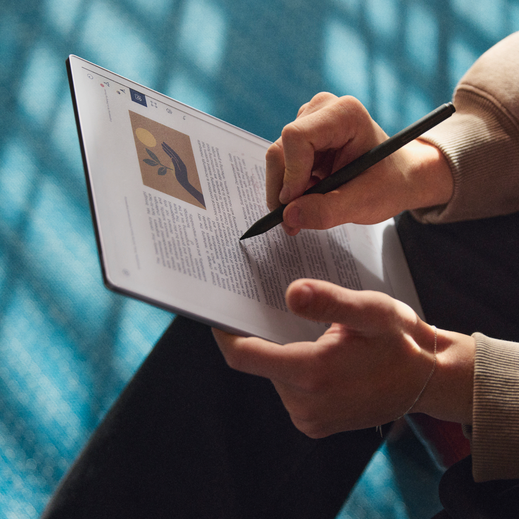 A student annotating a digital book on a reMarkable Paper Pro with the Marker Plus.
