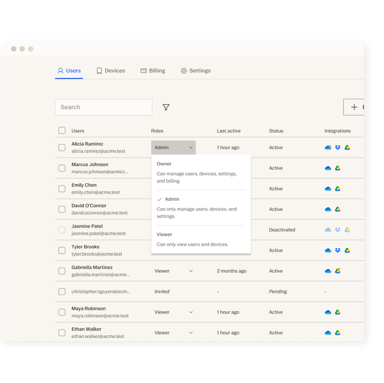 Device management UI with access roles dropdown