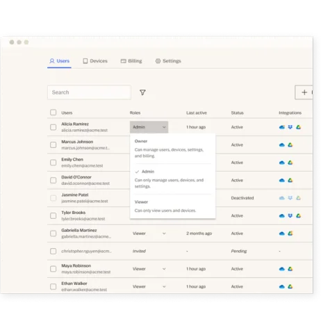 Device management UI with access roles dropdown