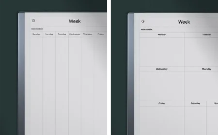 A reMarkable paper tablet displaying two different week calendar templates.