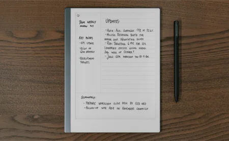 A reMarkable paper tablet displays the Cornell Method next to the Marker on a wooden desk.