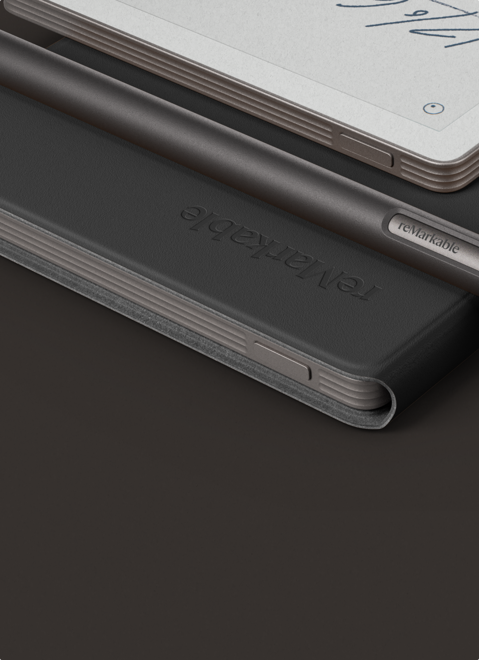 reMarkable Paper Pro Move tablet with Marker and Book Folio in black leather.