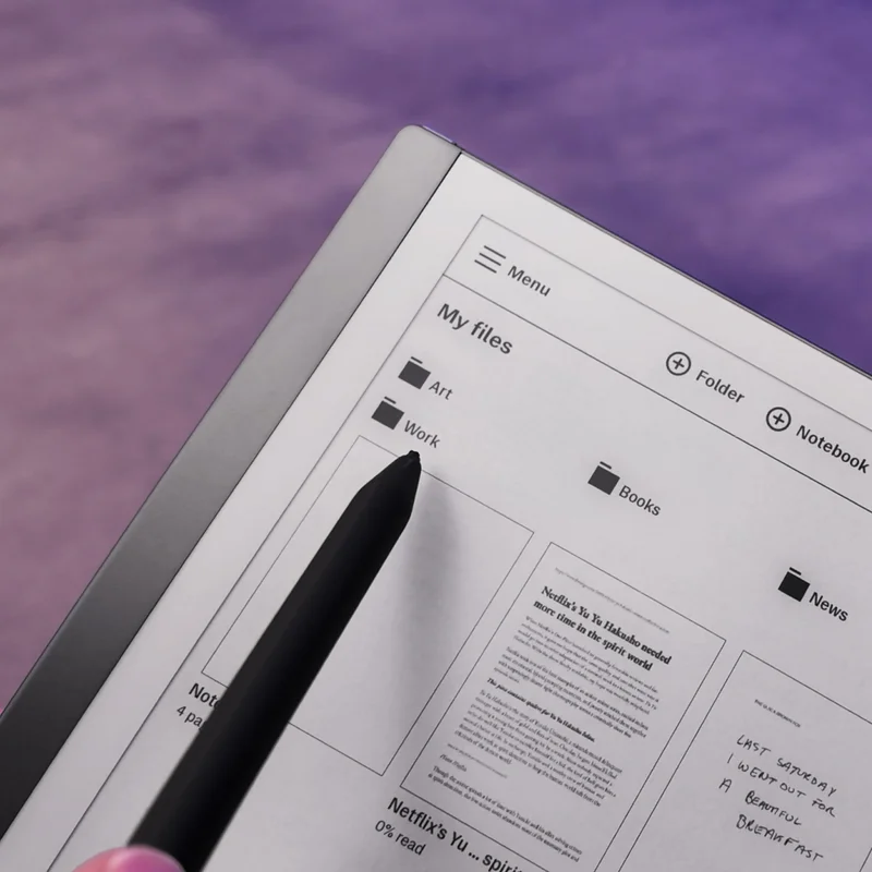 reMarkable paper tablet showing file options and a Marker pointing at the screen.