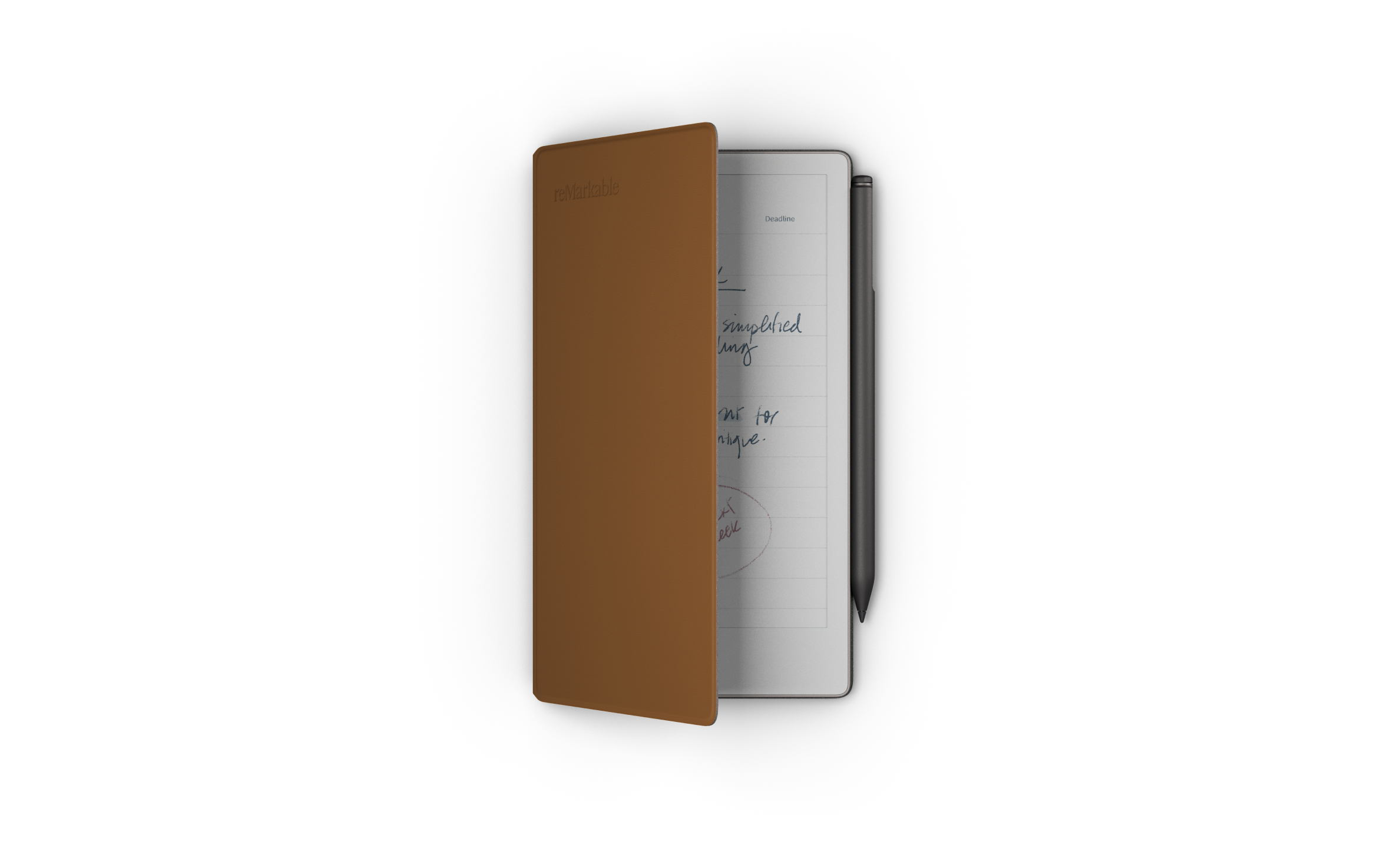 reMarkable Paper Pro Move with Marker Plus and Black leather Folio half-open