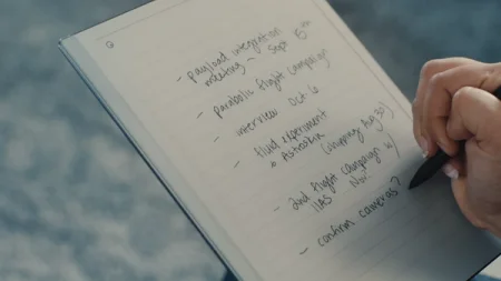 The reMarkable paper tablet showing meeting notes being written with the Marker.