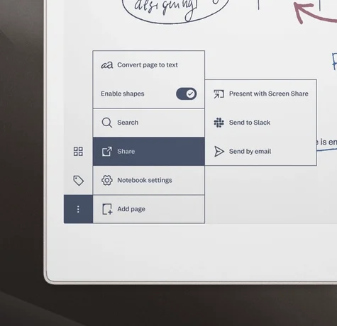 reMarkable user interface showing 'share' and 'Send to Slack' feature