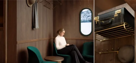 A reMarkable employee works in a "Room to Think" at reMarkable's new headquarters designed to look like a train compartment.