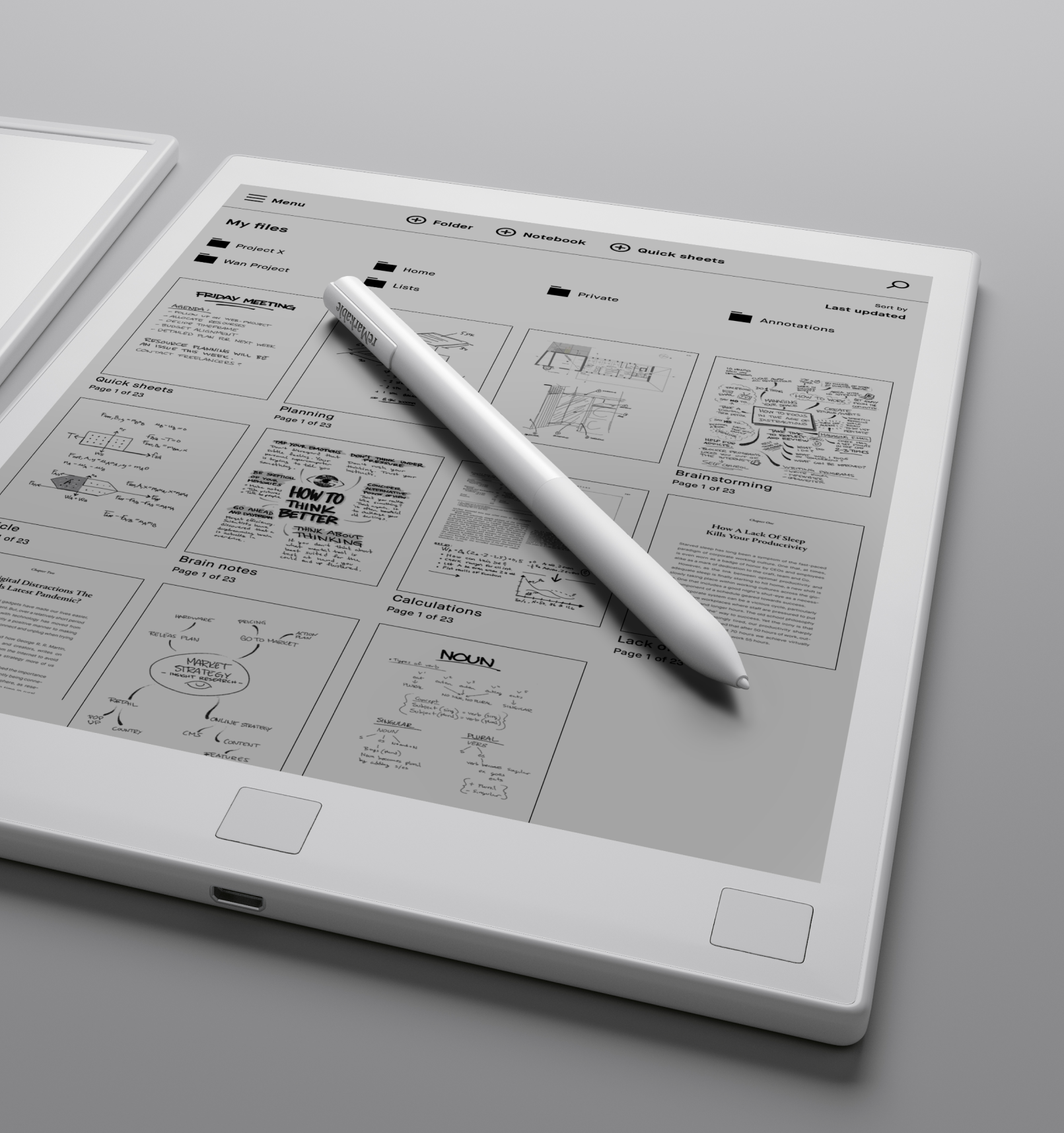 A reMarkable 1 tablet displaying files with the Marker resting on the device.