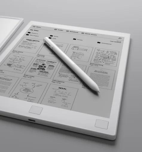 A reMarkable 1 tablet displaying files with the Marker resting on the device.
