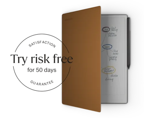 A reMarkable paper tablet with a brown Folio cover displaying notes.