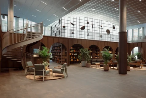 An elegant library-style seating area with cozy chairs on a rug.