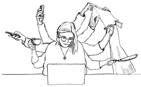 Person multitasking at a laptop with 7 fictional arms doing chores.