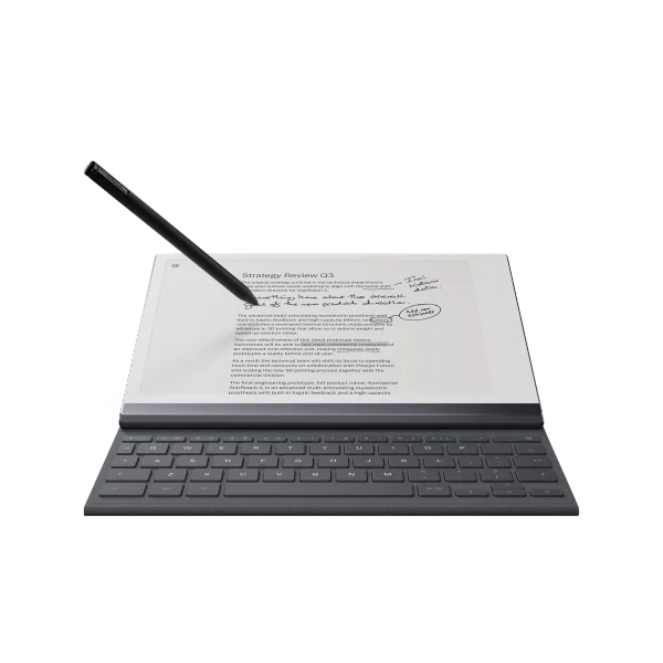 Type Folio with reMarkable 2 tablet in a low upright position.