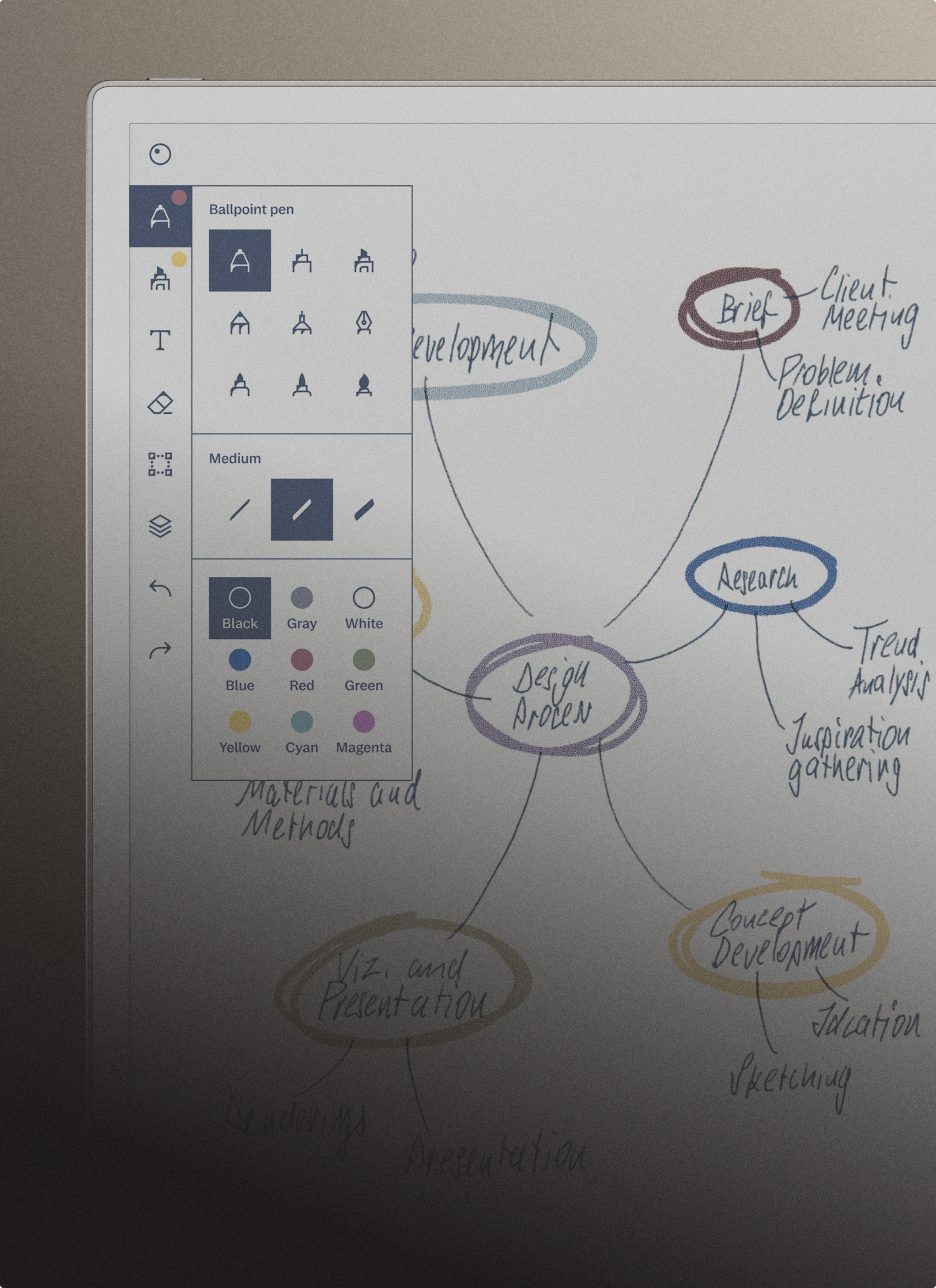 Brainstorming on a reMarkable Paper Pro tablet, with a concept map visible on the device.