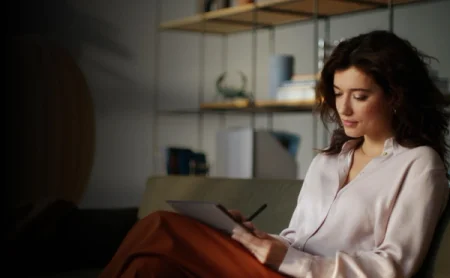 A woman using the reMarkable paper tablet, drawing with the Marker.