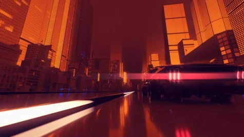 City street with a car in the evening.