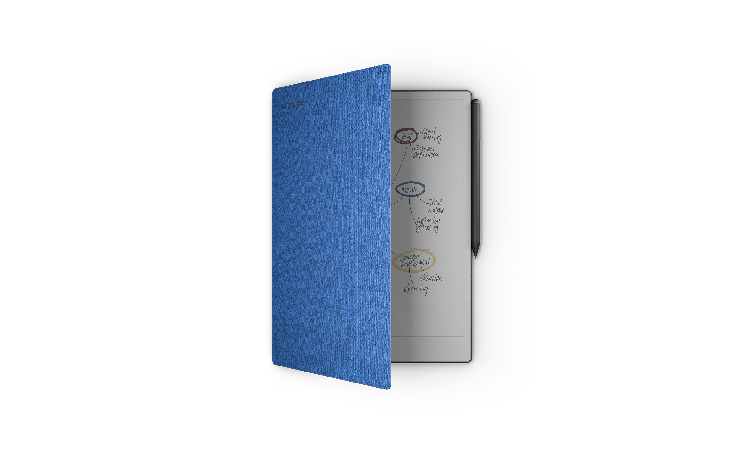 Product view of a reMarkable paper pro tablet showing handwritten process diagrams on screen, with a black Marker Plus attached to the side and a bright blue cobalt textured folio cover partially closed over the display.