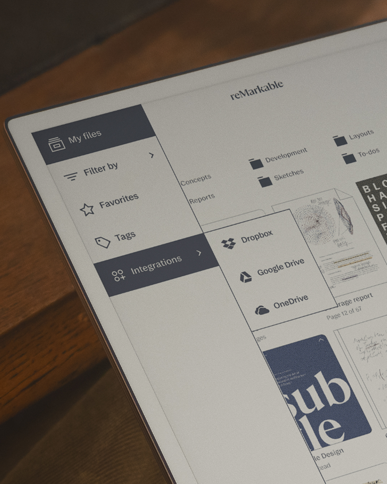 A reMarkable Paper Pro displaying integration options: Dropbox, Google Drive, and OneDrive.