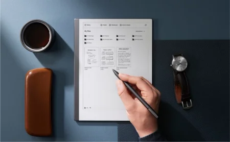reMarkable paper tablet with Marker showing files on a desk.