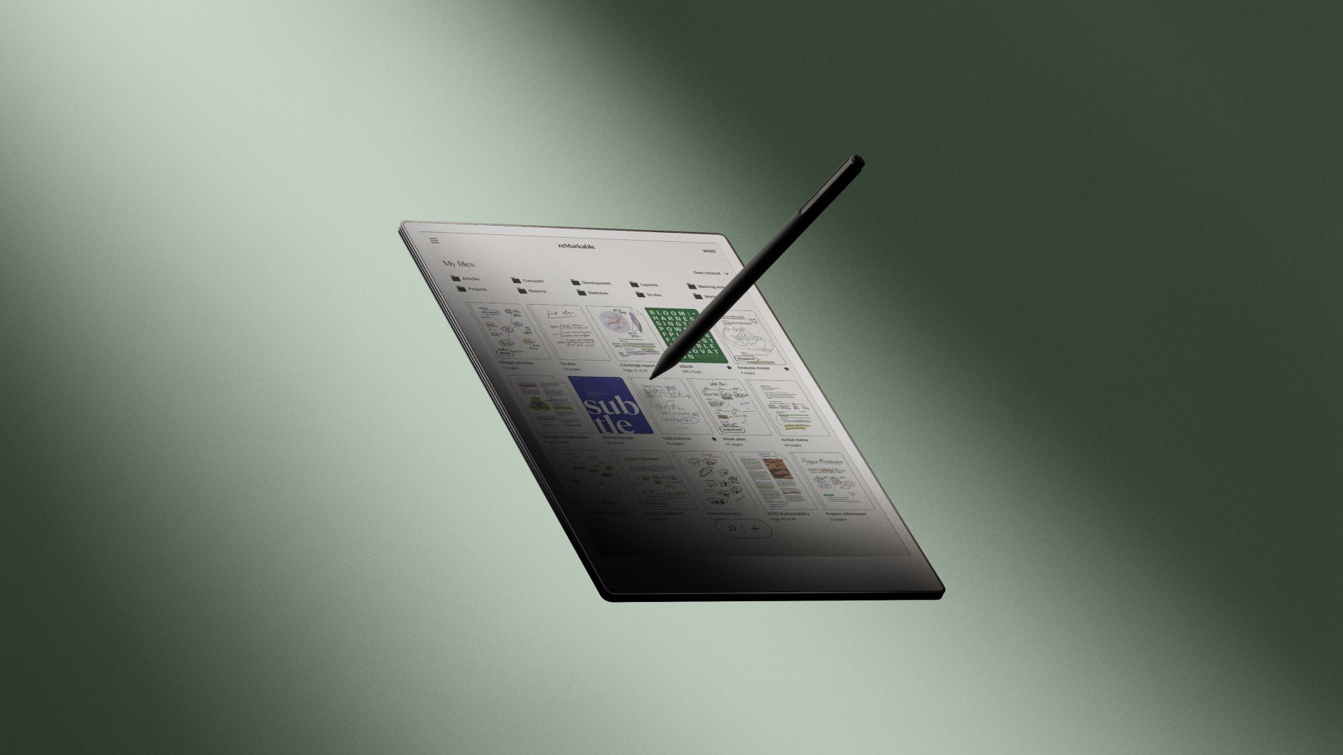 reMarkable paper tablet displaying documents with the Marker resting on the screen.
