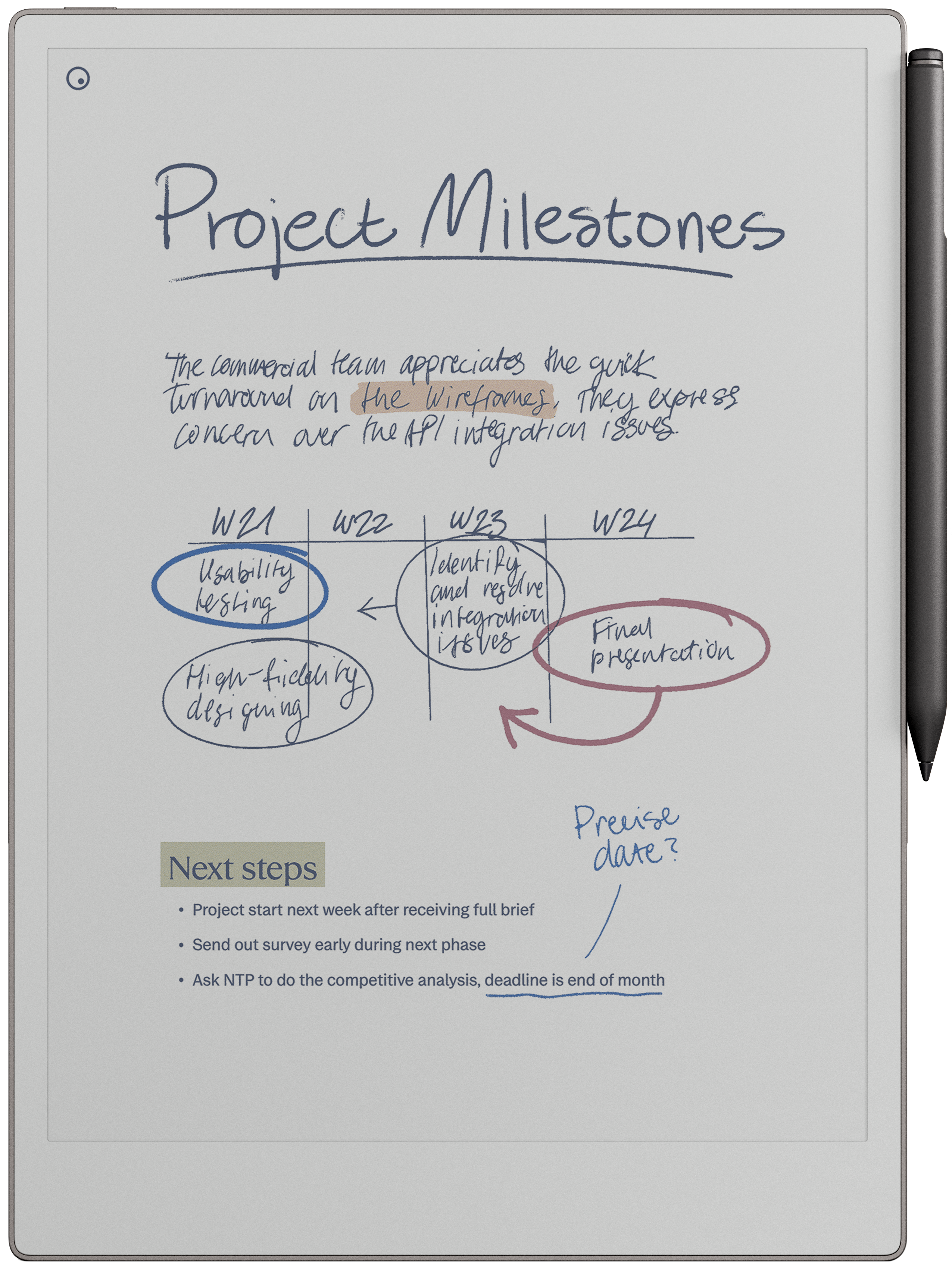 reMarkable Paper Pro tablet showing handwritten project milestones with Marker magnetically attached.