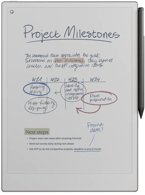reMarkable Paper Pro tablet showing handwritten project milestones with Marker magnetically attached.